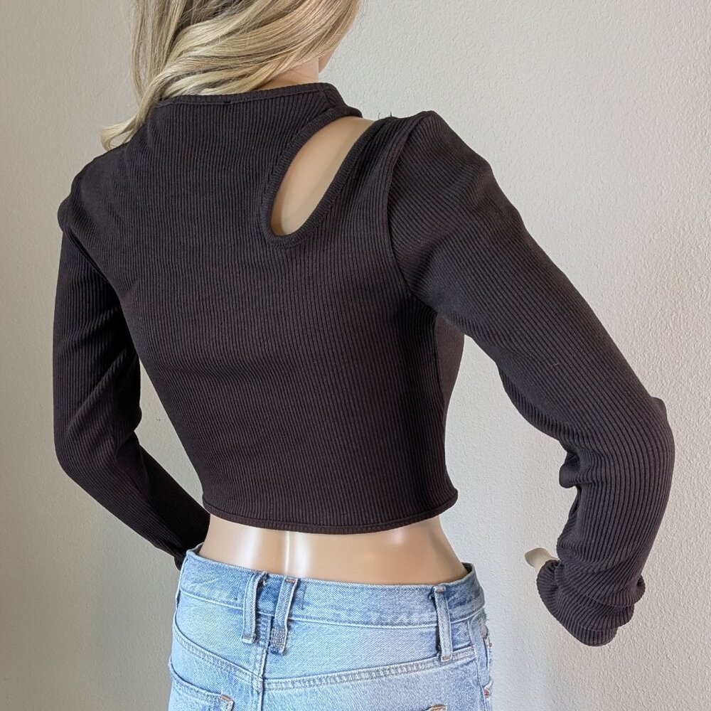 Zara Top Women's Large Brown Cropped Ribbed Cut-Out Long Sleeve Asymmetric Shirt - Picture 6 of 13